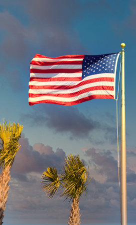 An American flag flying in blue sky over palm trees