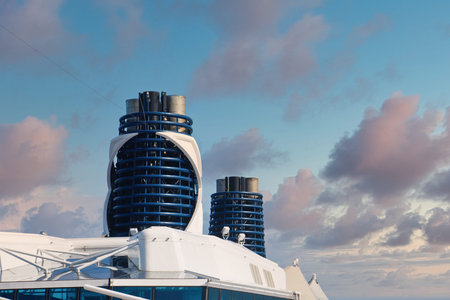 Blue Smokestacks on White Ship