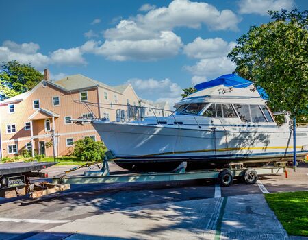 White Cabin Cruiser on Trailerの写真素材