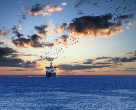 Small Ship on Horizon at Sunset