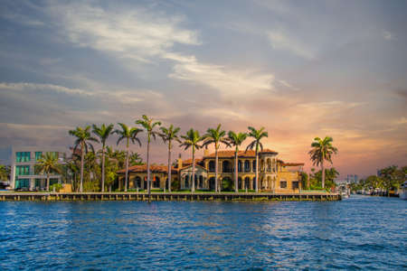 Large House in Fort Lauderdale at Sunsetの写真素材