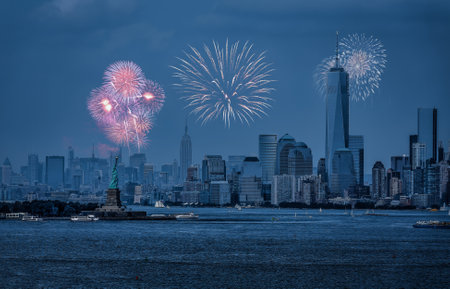 Statue of Liberty and Freedom Tower During Fireworksのeditorial素材