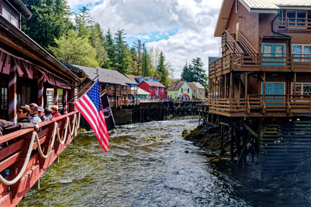 American Flag in Creek Street in Ketchikanのeditorial素材