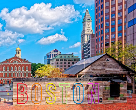 Boston Sign with Faneuil Hall and Customs House in Backgroundのeditorial素材