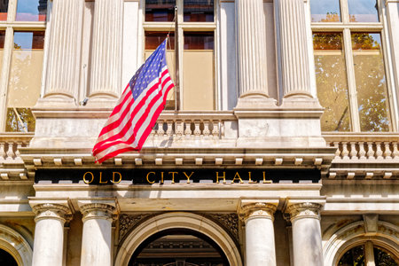 American Flag on Old City Hall Building in Bostonのeditorial素材