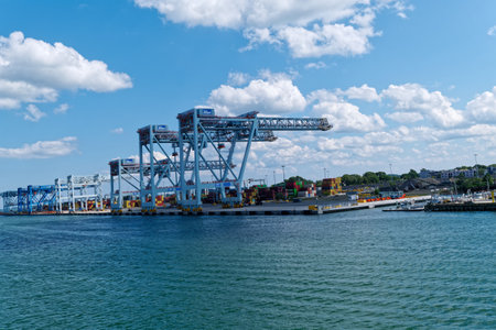 Freight Cranes in Boston Harborのeditorial素材