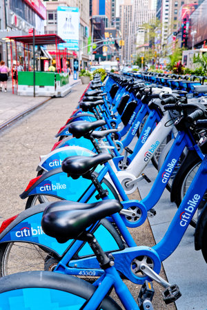 Blue Rental Bikes in New York Cityのeditorial素材