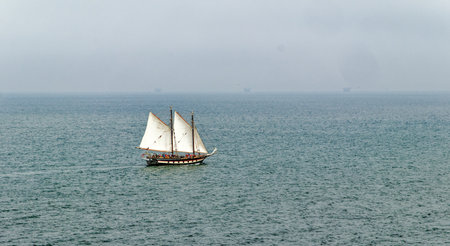 Two Masted Schooner in Santa Barbara Harborの写真素材