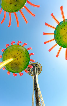 The Space Needle and Sculptures in Seattle, Washington from Belowのeditorial素材