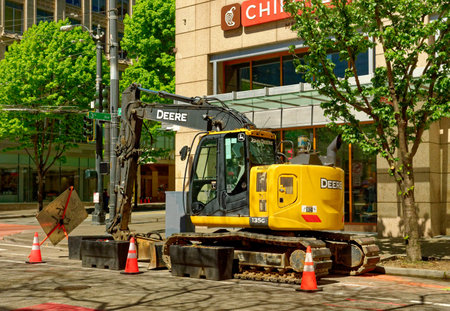 Road Construction Heavy Equipment in Seattle, Washingtomのeditorial素材
