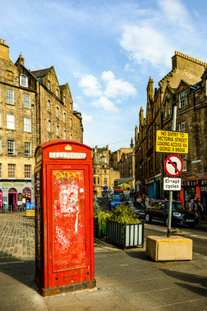 Old Red Phone Booth at Grassmarket and Victoria Streetのeditorial素材
