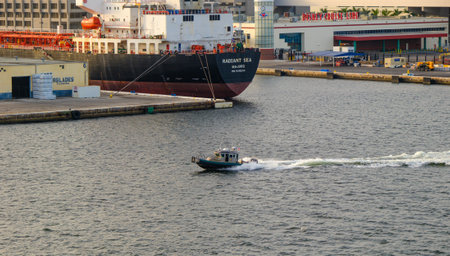 Police Boat in Port Evergladesのeditorial素材