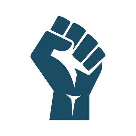 Raising dark blue human fist icon on the white background. Pictogram, activism, protest, equality. Useful for web site, banner, greeting cards, apps and social media posts.の写真素材