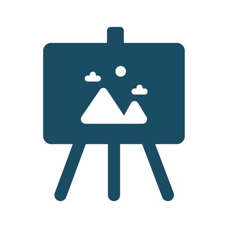 High quality dark blue flat painting on easel stand icon. Pictogram, technology, object. Useful for web site, banner, greeting cards, apps and social media posts.の写真素材
