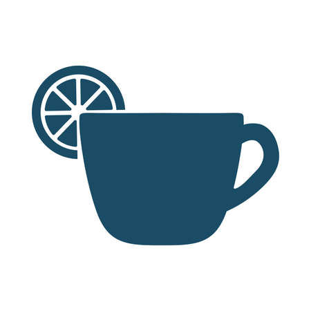 High quality dark blue flat cup with lemon icon. Pictogram, icon set, illustration. Useful for web site, banner, greeting cards, apps and social media posts.の写真素材