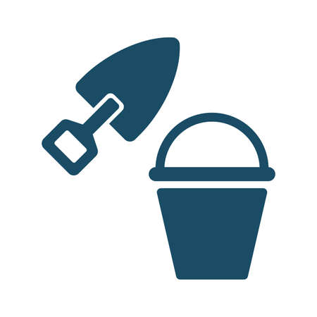 High quality dark blue flat toy shovel and bucket icon. Pictogram, icon set, illustration. Useful for web site, banner, greeting cards, apps and social media posts.の写真素材