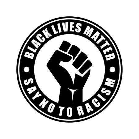 Black lives matter writing and human fist in a black circle on white background. Racism protest, equality movement. Useful for social media posts, mobile apps, websites, interfaces.の写真素材