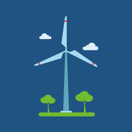 Wind turbine and trees with cloudy sky on blue background. Nature, recycle, pollution, clean energy. Useful for website design, banner, print media, mobile apps and social media posts.の写真素材