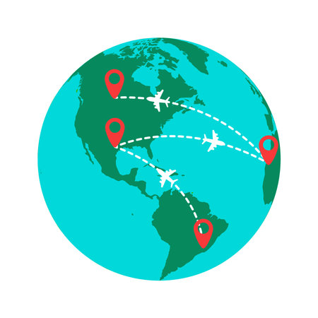 Travel destination map pins on world map on white background. Pictogram, icon set illustration....