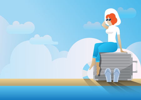 Woman sitting on travel bagsのイラスト素材