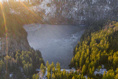 Cerne jezero in the Bohemian Forest is the largest and deepest natural lake in the Czech Republic. This triangular lake is located about 6 km northwest of Zelezna Ruda.の写真素材