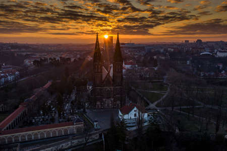 The Basilica of St Peter and St Paul is a neo-Gothic church in Vysehrad fortress in Prague, Czech Republic. Founded in 1070-1080 by the Czech King Wroclaw II, Behind the Church is a famous cemetery.のeditorial素材
