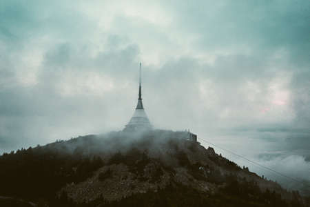 Jested is the highest mountain peak (1,012 m) of Liberec in the north of the Czech Republic. On the summit is the Jestedd Tower restaurant, hotel and television tower. Accessible by road or cable car.の写真素材