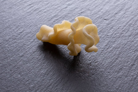 Uncooked italian pasta on a slate background. Selective focus.の写真素材