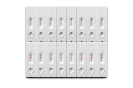 composition of covid tests with different results on a white backgroundの写真素材