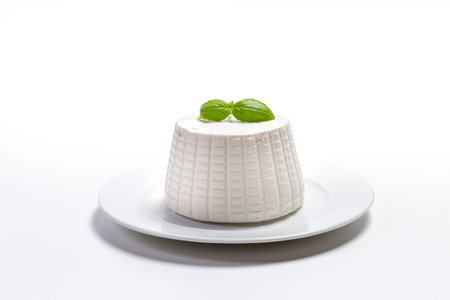 ricotta cheese with fresh basil on a white plate on a white backgroundの写真素材