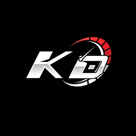 KD logo initial monogram with speed meter style design in black background. Racing speed logo letter, speedometer monogram design.のイラスト素材