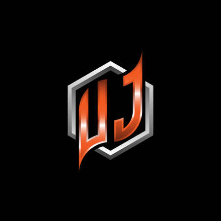 UJ Monogram logo letter with modern geometric orange style design. Geometric hexagonal shape rounded, circle hexagon and triangle shape logo designのイラスト素材