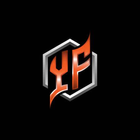 YF Monogram logo letter with modern geometric orange style design. Geometric hexagonal shape rounded, circle hexagon and triangle shape logo designのイラスト素材