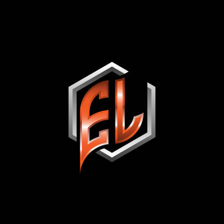 EL Monogram logo letter with modern geometric orange style design. Geometric hexagonal shape rounded, circle hexagon and triangle shape logo designのイラスト素材
