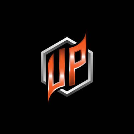 UP Monogram logo letter with modern geometric orange style design. Geometric hexagonal shape rounded, circle hexagon and triangle shape logo designのイラスト素材