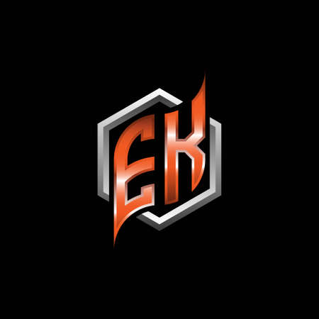 EK Monogram logo letter with modern geometric orange style design. Geometric hexagonal shape rounded, circle hexagon and triangle shape logo designのイラスト素材