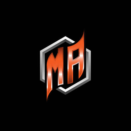 MA Monogram logo letter with modern geometric orange style design. Geometric hexagonal shape rounded, circle hexagon and triangle shape logo designのイラスト素材