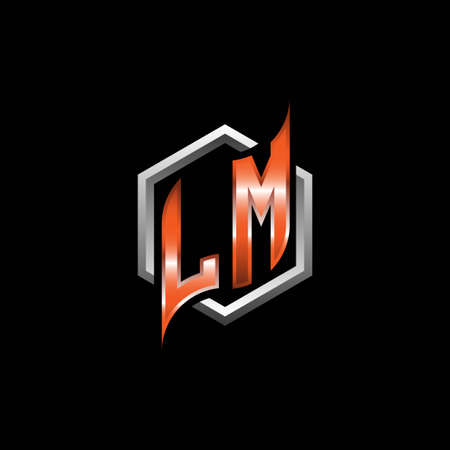LM Monogram logo letter with modern geometric orange style design. Geometric hexagonal shape rounded, circle hexagon and triangle shape logo designのイラスト素材