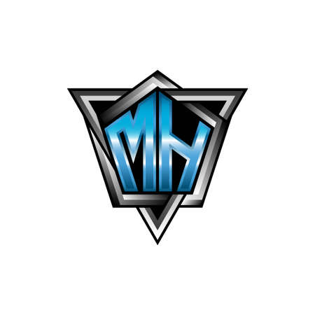 MH Monogram logo letter with blue light modern geometric style design. Geometric shape rounded, circle rectangle and triangle shape logo designのイラスト素材