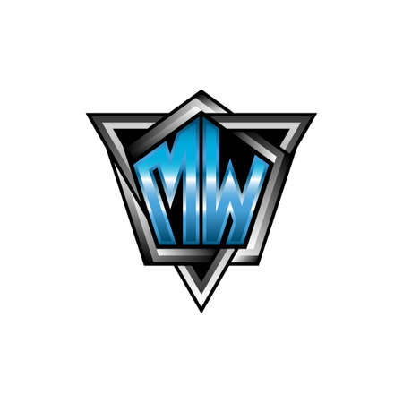 MW Monogram logo letter with blue light modern geometric style design. Geometric shape rounded, circle rectangle and triangle shape logo designのイラスト素材