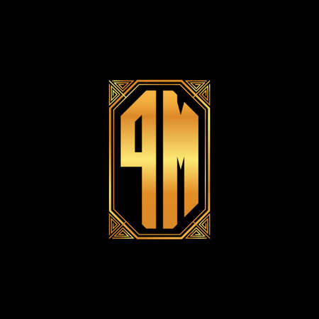 PM logo initial monogram with geometric golden shape style design in isolated background, gold geometric shape style, gold and golden monogramのイラスト素材