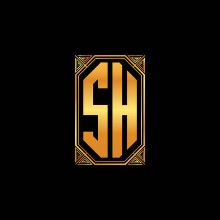 SH logo initial monogram with geometric golden shape style design in isolated background, gold geometric shape style, gold and golden monogramのイラスト素材