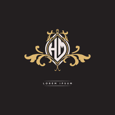 HM logo initial monogram with geometric vintage shape style design in isolated background, vintage ornamental geometric shape style, gold vintage retro monogramのイラスト素材
