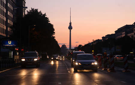 Berlin Karl-Marx-Allee in evening light with TV Towerの写真素材