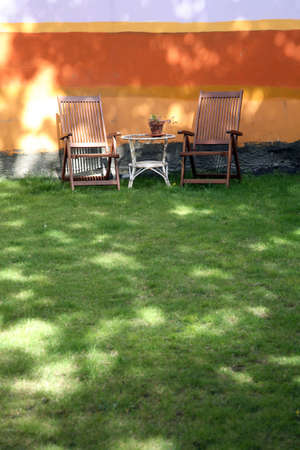 Reykjavik garden with table and chairsの写真素材