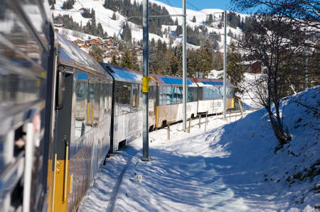 Circa Montreux, Switzerland - December 09, 2009 - Golden pass train in Swiss Alps connects Montreux to Lucerne. Ride in panoramic train is one of the major tourist attraction in Switzerland.のeditorial素材