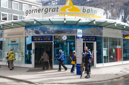 Zermatt, Switzerland - March 04, 2009 - Tourists enter Gornergratbahn train station in Zermatt. Zermatt is one of the most popular ski resorts in Switzerland.のeditorial素材