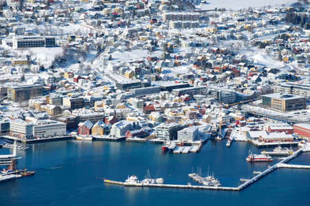 Aerial view to the city of Tromso, 350 kilometers north of the Arctic Circle, Norway.の写真素材
