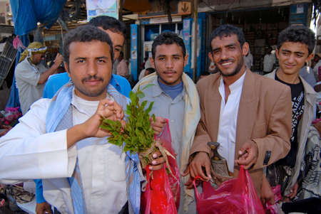 Lahij, Yemen, September 15, 2006 - Men try khat (Catha edulis) at the local market in Lahij, Yemen. Chewing khat (drug of abuse) is a major social problem in Yemen.のeditorial素材