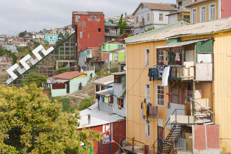 Valparaiso, Chile - October 19, 2013 : View to the poor residential area and closed funicular in Valparaiso, Chile. Only 8 of 26 legendary city  funiculars nowadays stay active in Valparaiso.のeditorial素材